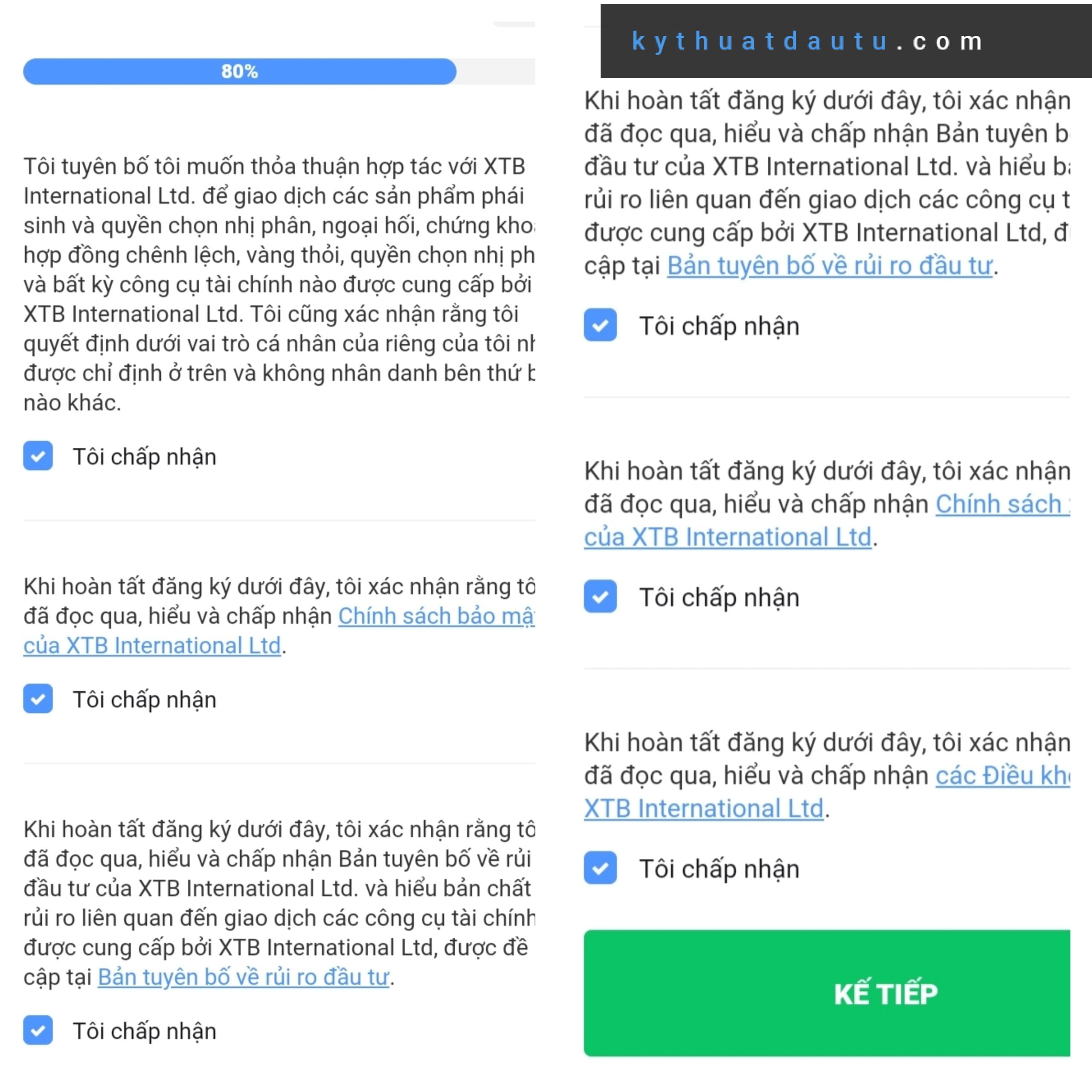Trader chọn tất cả mục "Tôi chấp nhận" nếu đã thông qua các điều khoản với XTB